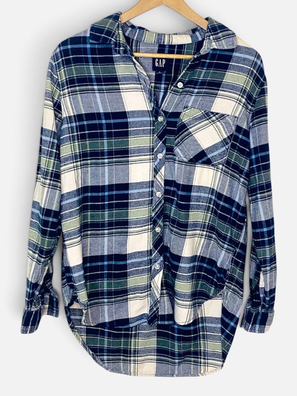 GAP Oversized Navy, Olive & Cream Plaid Button-Down Shirt 100% Cotton